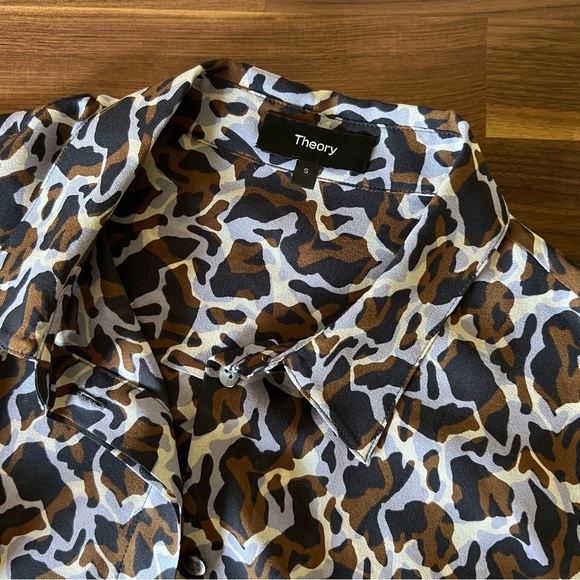 Theory Women's Navy Blue Brown Printed Silk-chiffon Shirt, size S - Picture 10 of 16